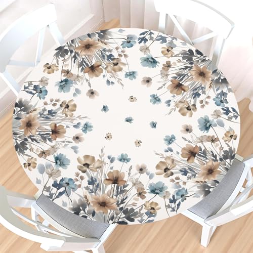 Floral Round Fitted Tablecloth with Elastic Edge,Water-Resistant Wipeable Vintage Watercolor Beige Blue Brown Wildflowers Leaf Table Cover for 40-44" Stretch Table Cloth for Dinner Indoor Outdoor