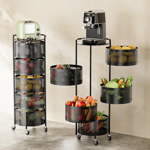 Image of JAQ No Assembly Rotating Kitchen Storage Rack, 5-Tier Metal Basket Organizer with Wheels, Large Capacity Vertical Storage Cart for Fruit Vegetable Pantry, Potato Onion Organizer, Black