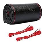 Wevdn Genuine Leather Steering Wheel Cover, Stitch on Wrap, DIY Sewing Steering Wheel Protector, 15 Inch Breathable Non-Slip Steering Wheel Protector, Car Accessories (Black&Red, Full Hole)