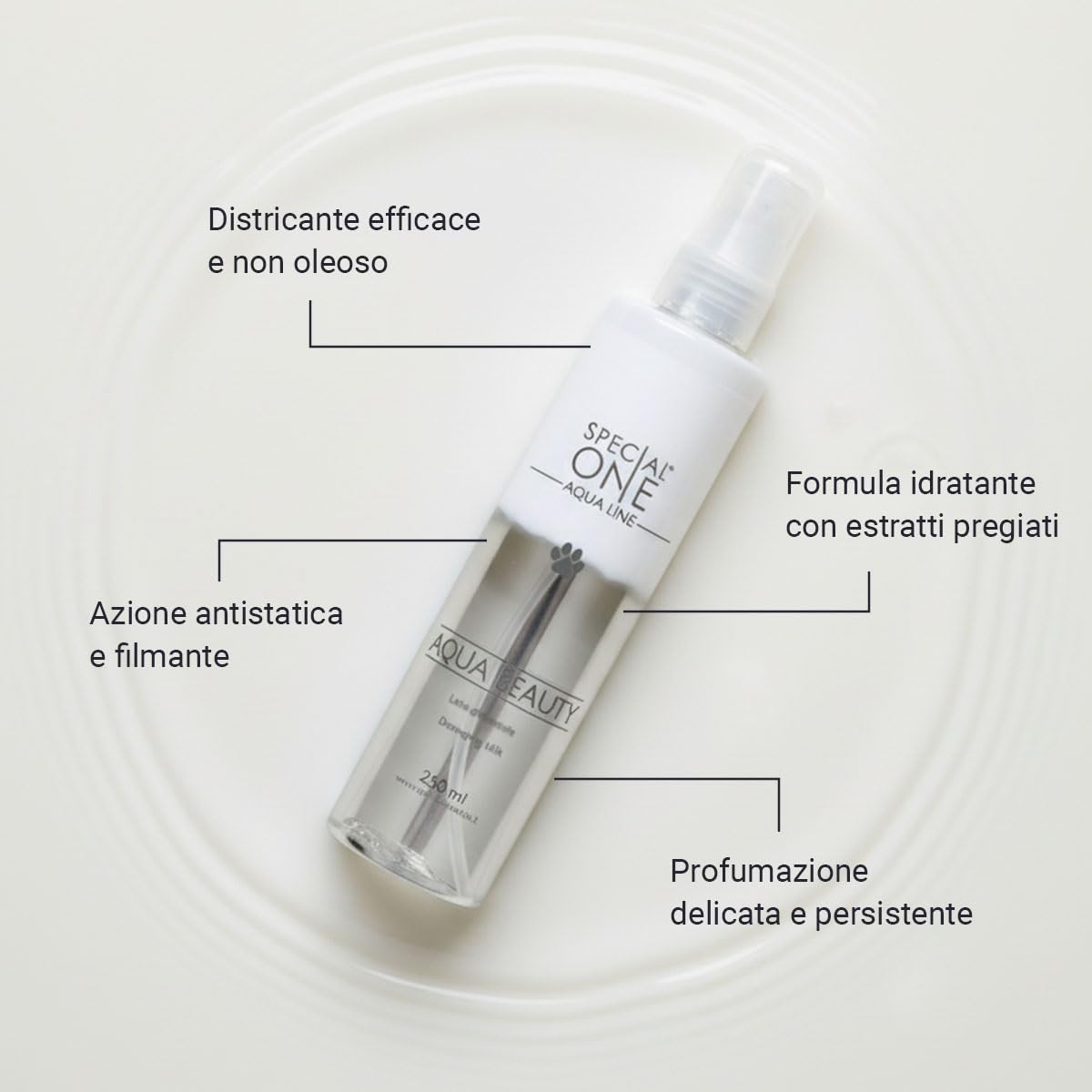 SPECIAL ONE - AQUA BEAUTY Latte Districante Sciogli Nodi Professionale con Estratti di Orchidea e Tulipano Africano - Protegge, Nutre e Rende il Pelo Morbido, Luminoso e Facile da Gestire - 250 ml