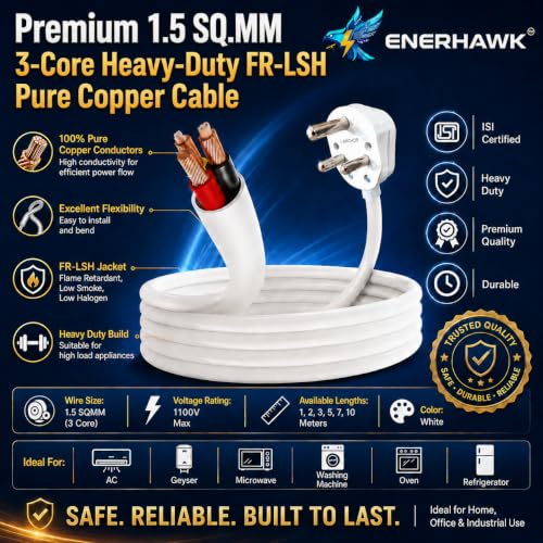 Image of Extension Board Heavy Duty 16A | extension cord power strip high load capacity 3000 Watt | 16 amp socket for AC refrigerator fridge, geyser, oven, ev charger charging, induction | 1 meter copper cable