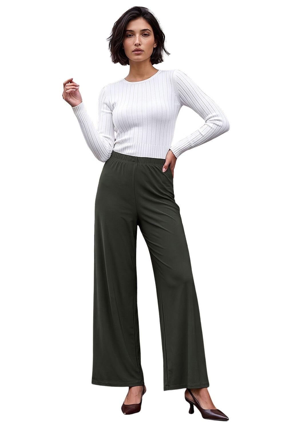 Roman Originals Women's Petite Khaki Roman Wide Leg Trousers For Uk Palazzo Pants Evening Jersey Elasticated High Waist Smart Flared Culotte Office Work Going Out Loose Crepe Bottoms - Size 8