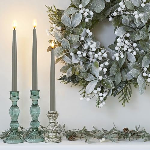 Image of CVHOMEDECO. Flameless Taper Candles with 10-Key Remote, Battery Operated Led Flickering 3D Wick Window Candles Real Wax Finished Home Christmas Party Decor 0.78 x 11 Inch, Pack of 3, Grey