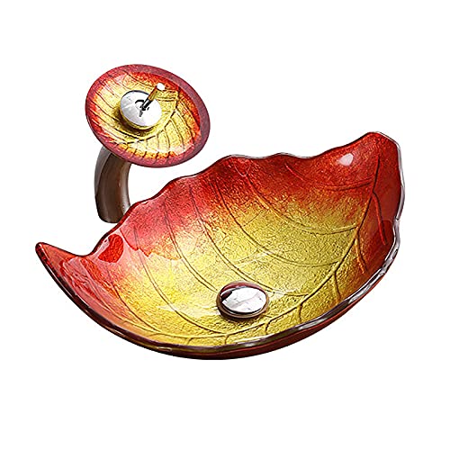 SHUGUANG Lavabo Vasque en Verre Trempé, Vasque à Poser en Verre Trempé Artistique Lavabo Lave-Mains Forme de Feuille Lavabo Vasque a Poser avec Robinet...