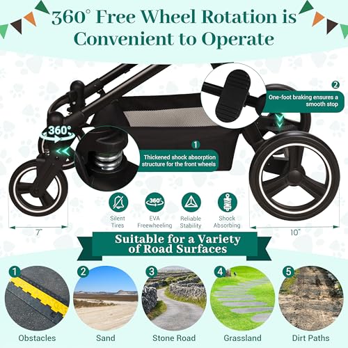 Image of Foldable Double Pet Stroller for 2 Small Medium Cats Dogs | Convertible single /double | Detachable carriers | All-terrain wheels & shock | Safety brakes & tether | Breathable oxford