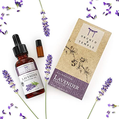 Orchid & Temple Lavender Oil Essential Oil - Essential Oils For Diffusers For Home - Lavender Essential Oil For Skin, Headache Relief, Aromatherapy & Relaxation W/Travel Sized Roll On - Large 4 Fl Oz #TOP7