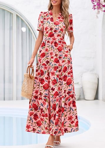 Image of KIRUNDO Womens Floral Boho Flowy Maxi Dress | Short Sleeve, V Neck, Empire Waist, A Line, 2026 Summer Beach Vacation Long Dresses With Pockets, Cocktail Party Outfits