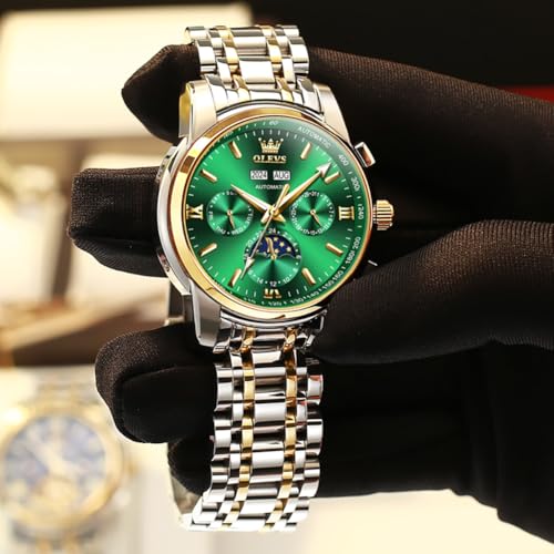 Image of OLEVS Analog Men Green Dial Gold Band Watches Automatic,Two Tone Stainless Steel Watch,Day Date Mechanical,Waterproof Swiss Wrist Watch ,OLEVS Self Winding Luminous Business Large Tourbillon Watch