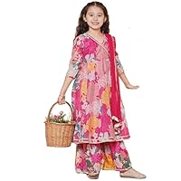 Girls Party Wear Rayon Fabric Floral Printed 3/4 Sleeves Anarkali Kurta Sharara with Dupatta (US, Age, 11 Years, Pink)