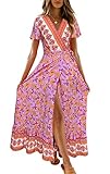 ZESICA Women's 2023 Bohemian Floral Printed Wrap V Neck Short Sleeve Split Beach Party Maxi Dress,PinkPurple,Small