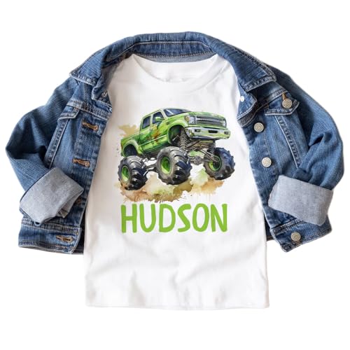 Custom Green Monster Truck Shirt - Personalized Kids Name Birthday Outfit For Boys & Girls - Natural Toddler Youth Tee2