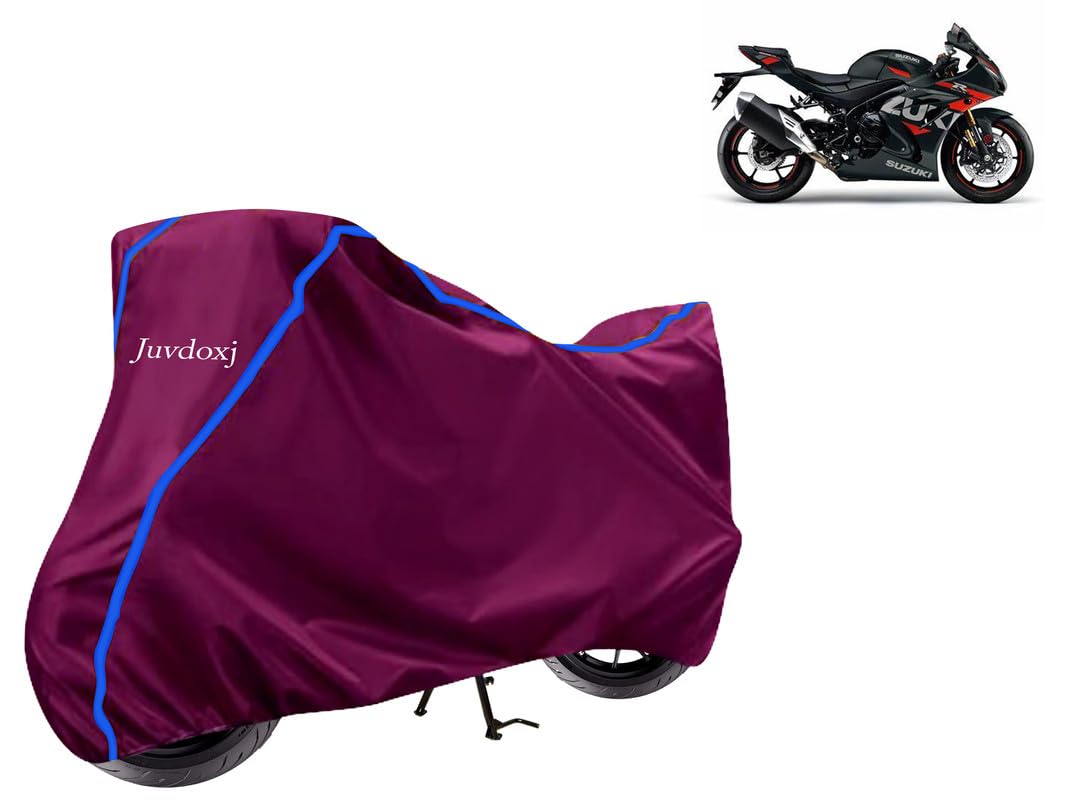 Juvdoxj - Bike Cover Water Resistant Compatible with Suzuki GSX Bike Cover with Elastic and Belt Bukle Lock with Stripe Piping Design(Mahroon and Blue)