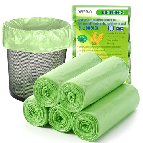Bolsas de basura, 100 bolsas de basura recicladas degradables de 20 L, bolsas de basura compostables para cocina, oficina, bolsas de basura recicladas degradables, color verde, 50 x 60 cm