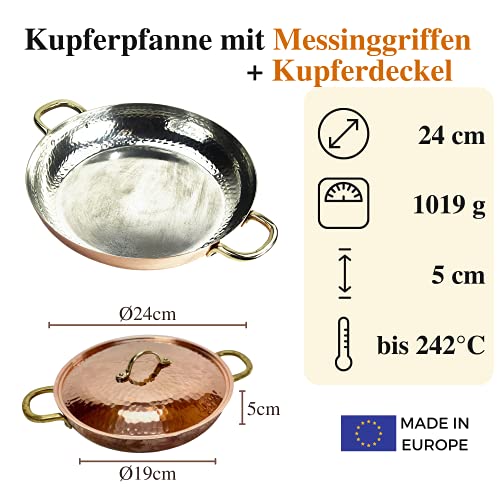 Foto von Copper Garden Kupferpfanne 24 cm mit Griffen + Deckel I Mit Zinn beschichtete Pfanne aus Kupfer zur idealen Wärmeleitung/-verteilung I Bratpfanne spülmaschinenfest & robust I 100% lebensmittelecht