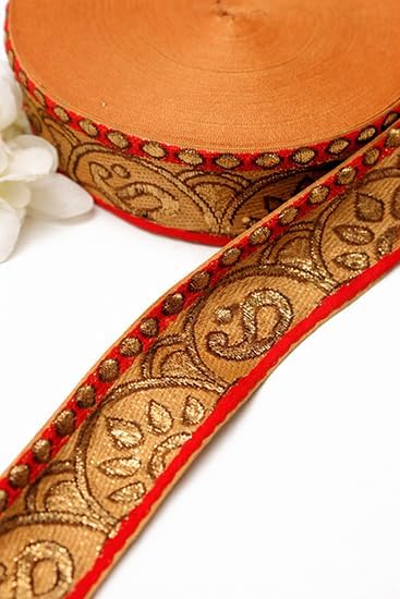 Image of Banarasi Silk Border Lace for Saree, Dupatta, Lehenga, Suit, Blouse & Home Furnishing, Crafting DIY (Beige Gold, 9 Meters x 2 Inch)