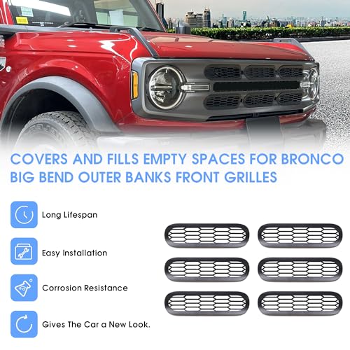 Image of sukemichi Front Grille Mesh Grill Inserts for 2021 2022 2023 2024 2025 2026 Ford Bronco Big Bend Outer Banks Exterior Accessories 2 Door 4 Door, 6 Pack, Black