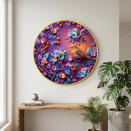 Image of SAF Colorful Bird Floral Wall Painting with Golden PVC Frame Round Nature Art Modern Decorative Wall Decor for Living Room Bedroom Office Home Luxury Gift Item (16 x 16 Inch) GRM-364