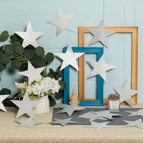 Image of FOBSME 120 Pcs Silver Glitter Star Cutouts Paper Star Cutouts 6 Inch Glitter Star Cut-Outs Silver Large Glitter Star Decoration for Christmas Birthday Classroom Bulletin Board Wall Party Supplies