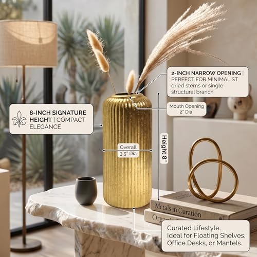 Image of KREATIVE ART'S Modern Ribbed Design Ceramic Flower Vase for Living Room, Flower Pots for Artificial Flower, Home Decoration Item, Home Decor, Vases for Living Room (Gold, Medium)