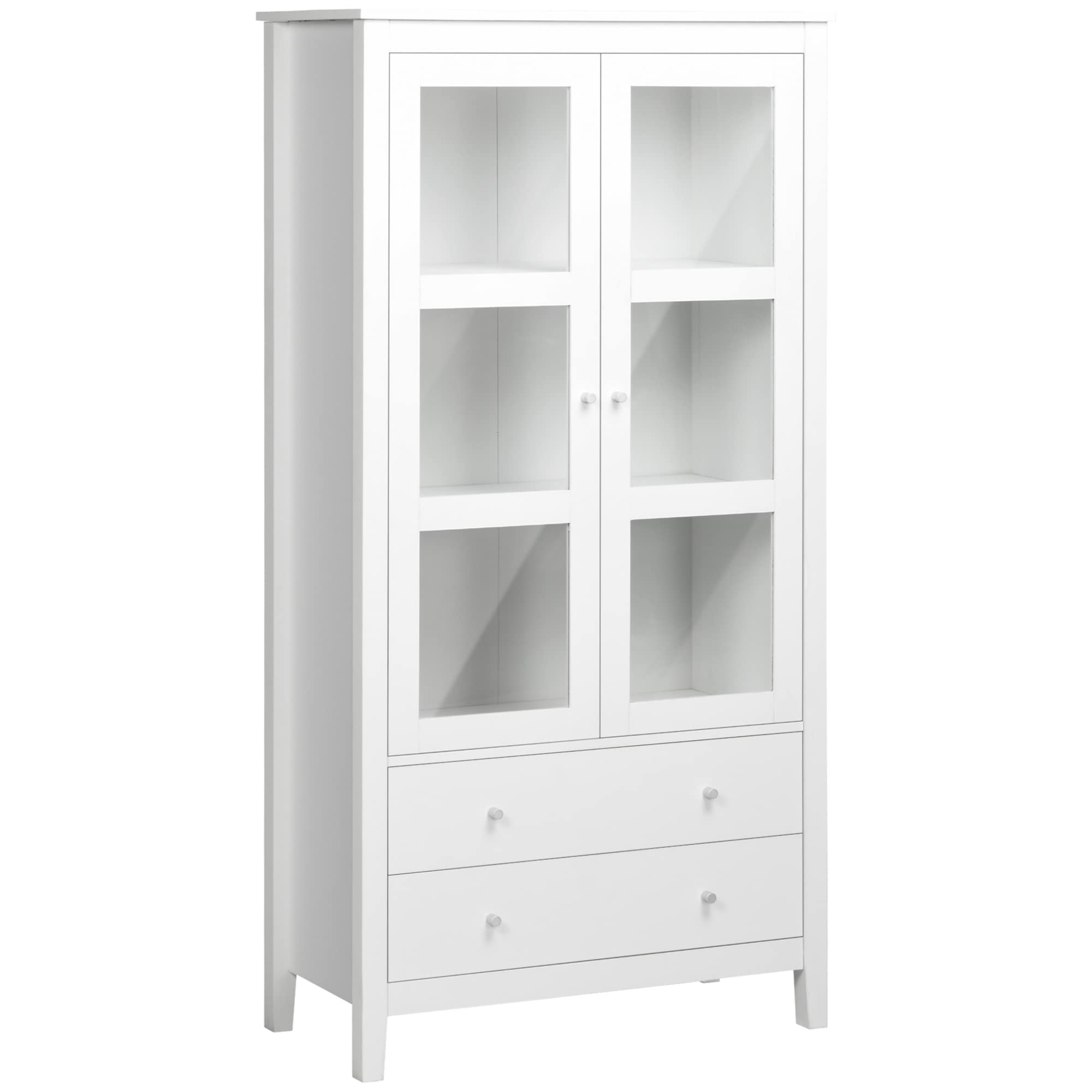 HOMCOM Vitrina de Salón Aparador de Cocina 2 Puertas 80x40x160 cm Blanco | Vidrio Templado, 3 Estantes, 2 Cajones, Bisagras de Cierre Suave, para Comedor Oficina