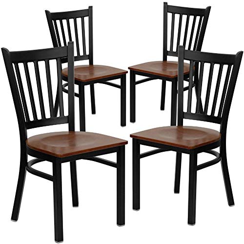 Flash Furniture 4 Pack HERCULES Series Black Vertical Back Metal Restaurant Chair - Cherry Wood Seat