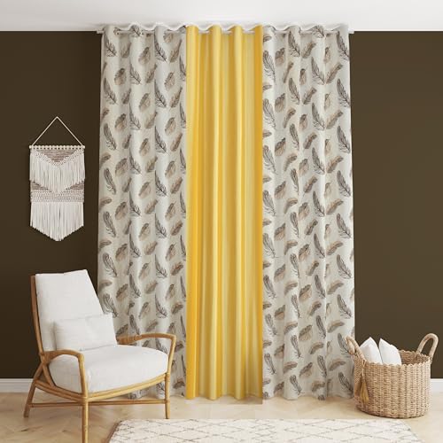 Image of DEVSANG Polyester Curtains Set of 3 (2 Print and 1 Texture) 9ft, Brown and Yellow
