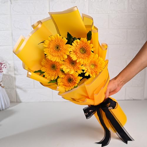Image of FlowerAura Premium Fresh Live Flower Bouquet of 6 Yellow Gerberas In Designer Paper Gift For Birthday | Anniversary | Love | Home Decor | Fathers Day Gift For Dad (Same Day Delivery)