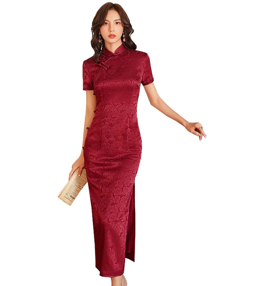 Vestidos chinos para mujer, cuello mandarín cheongsam, corte ajustado, manga corta, estampado floral, sexy, abertura lateral, Qipao