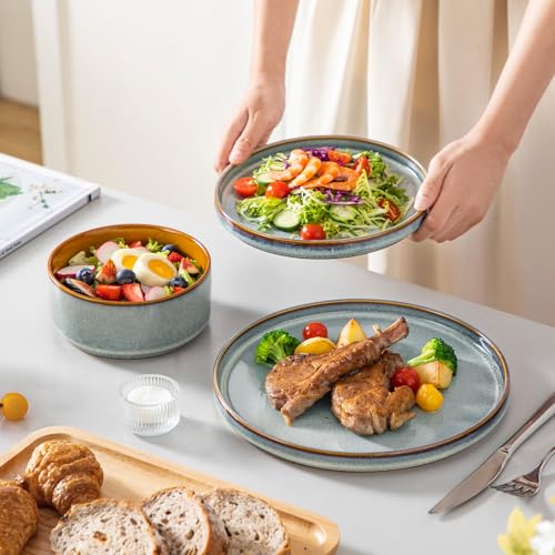 Image of vancasso ONION Ceramic Plates and Bowls Sets, 12 Pieces Light Blue Dinnerware Sets for Kitchen, Reactive Glaze Dishes Set for 4, Dishwasher and Microwave Safe
