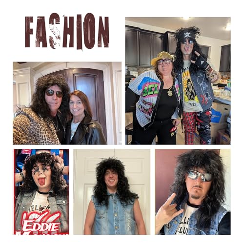 Image of Men's 80s Heavy Metal Rock Wig, Long Curly Punk Wig, Vintage Glam Rocker Mullet Wig for Halloween Party and Cosplay Cap+Sunglasses+Comb (Black)