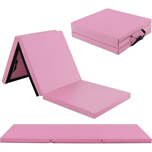 GYMAX Folding Gymnastics Mat, 6 FT x 2 FT x 2 Inches Exercise Mat w/Carrying Handles, Waterproof PU Leather, Hook & Loop Fasteners, Portable Tumbling Mat for Yoga Home Gym