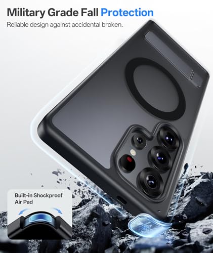 Image of Vihibii PC,Silicone For Samsung Galaxy S25 Ultra Magnetic Back Cover With Stand,[Compatible With Magsafe],Rugged Shockproof Protective Back,Translucent Matte Slim Fit Phone Case For 6.9 inch,Black