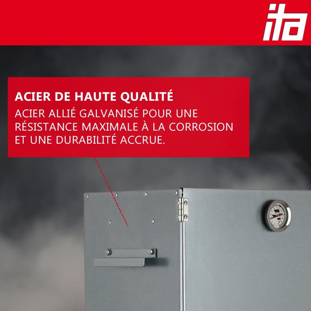 ITA Fumoir 7001 - Smoker Premium - Armoire à fumage avec thermomètre - Acier allié - Qualité UE, Direct fabricant - 81 cm avec 3 niveaux