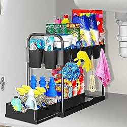 BIAOQINBO Organizador bajo Fregadero de Cocina 2 Niveles, Estante Extraíble con 4 Ganchos y 2 Taza, Almacenamiento Organizador para Armario, Cajones, Baño