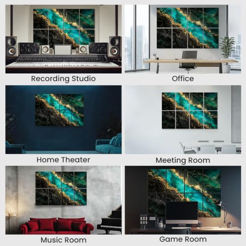Kanworse Paneles Acústicos Decorativos de 8 Piezas 48"x32" Fibra de Poliéster Negro Mármol Abstracto Verde Malaquita Venas Doradas Estilo Kintsugi Japonés miniatura 7