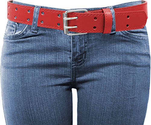 EURO Womens Thick Wide 2 Hole Leather Belt - BN9041 - Red L