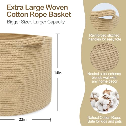 Image of MEGASKET Extra Large Storage Basket, 22 inch X 22 inch X 14 inch Stuffed Animal Basket for Living Room Kids Room, Soft Cotton Rope Bin With Handle, Throw Blanket Storage, Stuffed Animal Toy Organizer Box