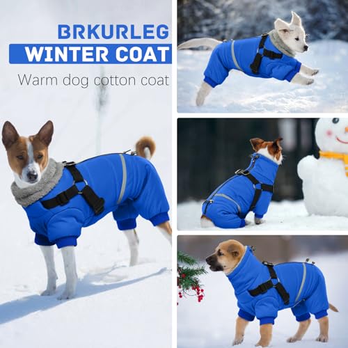 Image of BRKURLEG Blue Dog Winter Coat, Cozy Winter Dog Jackets, Small Dogs Coat with Harness, Onesie Body Warm Puppy Christmas Jacket, Pet Reflective Cold Weather Jackets, Puppy Four-Legged Puffer Coats,L