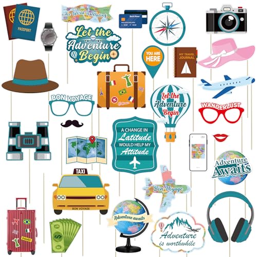 Let The Adventure Begin Photo Booth Props,31pcs Adventure Awaits Party Decorations Photo Props for Bon Voyage Around The World Decor Travel Themed Party Supplies