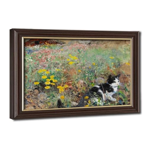 Toile Bruno Liljefors poster chat sur une prairie fleurie avec cadre de suspension en bois