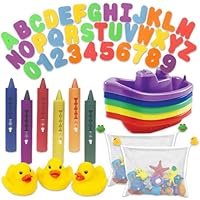 The Rangery Baby Bath Toys Set, 51 Pcs, Rubber Ducks, Foam Letters and Numbers, Bath Crayons, Boats and Bath Toy Storage Net | Educational Learning Toys for Toddlers & Kids