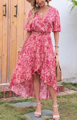 Image of Kormei Women Short Sleeve V Neck Floral High Low Flowy Summer Party Long Maxi Dress