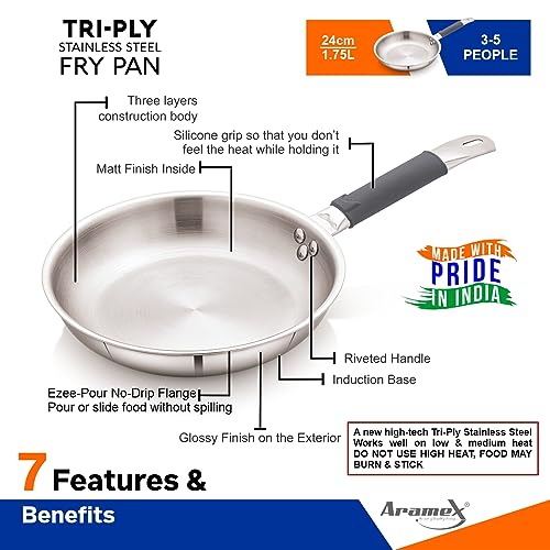 Image of ARAMEX Triply Stainless Steel Fry Pan 24cm with Silicon Grip [Without Lid, 3 Ply - SS430 Stainless Steel, Aluminium, SS304 Stainless Steel, Induction, Heats Evenly, Thick Gauge, Dishwasher Safe]