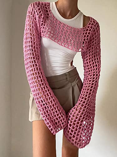 Picpunmak Women Grunge Crochet Knit See Through Crop Tops Cover Up Shrug Long Sleeve Crew Neck Casual Cropped Smock Top Pink #TOP1