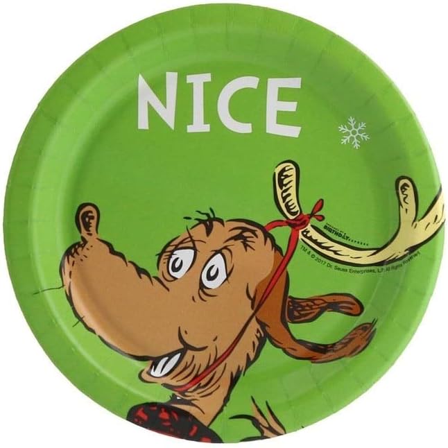 Christmas Dr. Seuss Grinch Holiday Party Plate Bundle for 16 Guests: 16 Dinner Plates, 16 Appetizer Dessert Plates and a Surprise Pin-On Button