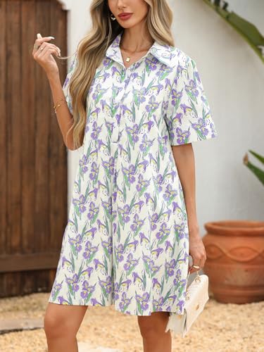 Image of LifeShe Summer Floral Dress Women's Printed Casual Sundress Short Sleeve Button Up Shirt Dresses with Pockets