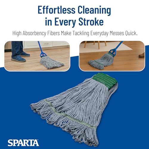 Image of SPARTA 369551B14 Cotton Mop Head, Loop-Ended, 5 Inch Color-Coded Green Headhand for Organized Cleaning, Medium - 36 Inches Long, Blue with Green Band