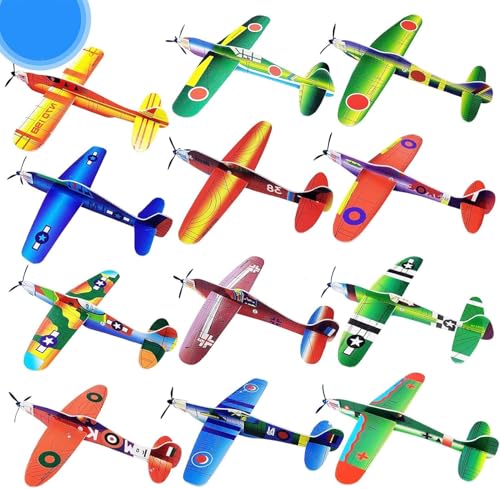 IJRPLM 12 Pack Foam Glider Planes, 8" Airplane Toys, 12 Different Designs, Individually Packed Outdoor Flying Toys, Party Favors for Boys 8-12 (12 PCS