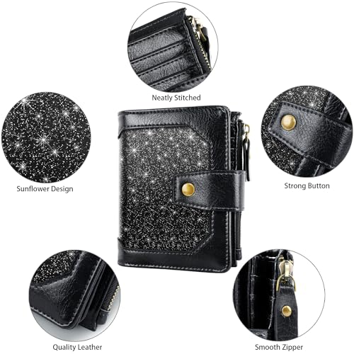 Image of Women Leather Wallet RFID Blocking Small Bifold Zipper Pocket Wallet Card Case Purse with ID Window, Black Glitter