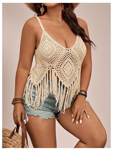 SHENHE Women's Plus Size Crochet Cover Up Sleeveless Hollow Out Fringe Beach Tank Coverups2